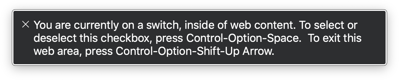 VoiceOver announcement, which instructs the user to interact with the switch by using the Space key