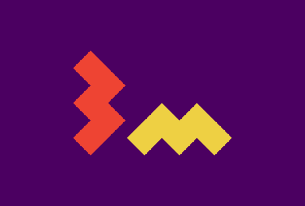 A logo consisting of two blocky shapes. The first is red, and vaguely resembles a capital B without its vertical line. The second is the same as the first, only yellow and rotated to resemble an M.