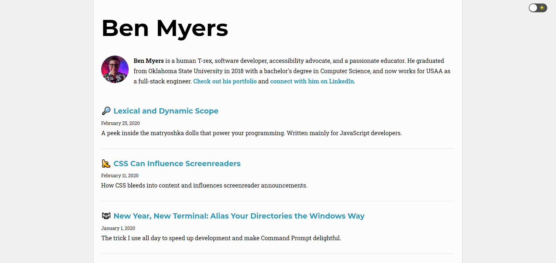 Screenshot of the old site. The layout is a single column down the middle, and there's very little color. Each post snippet has a different emoji next to it.