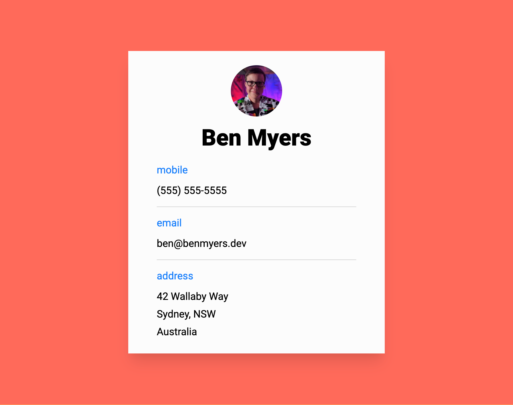 iOS-style contact card for Ben Myers, listing a phone number, email, and address