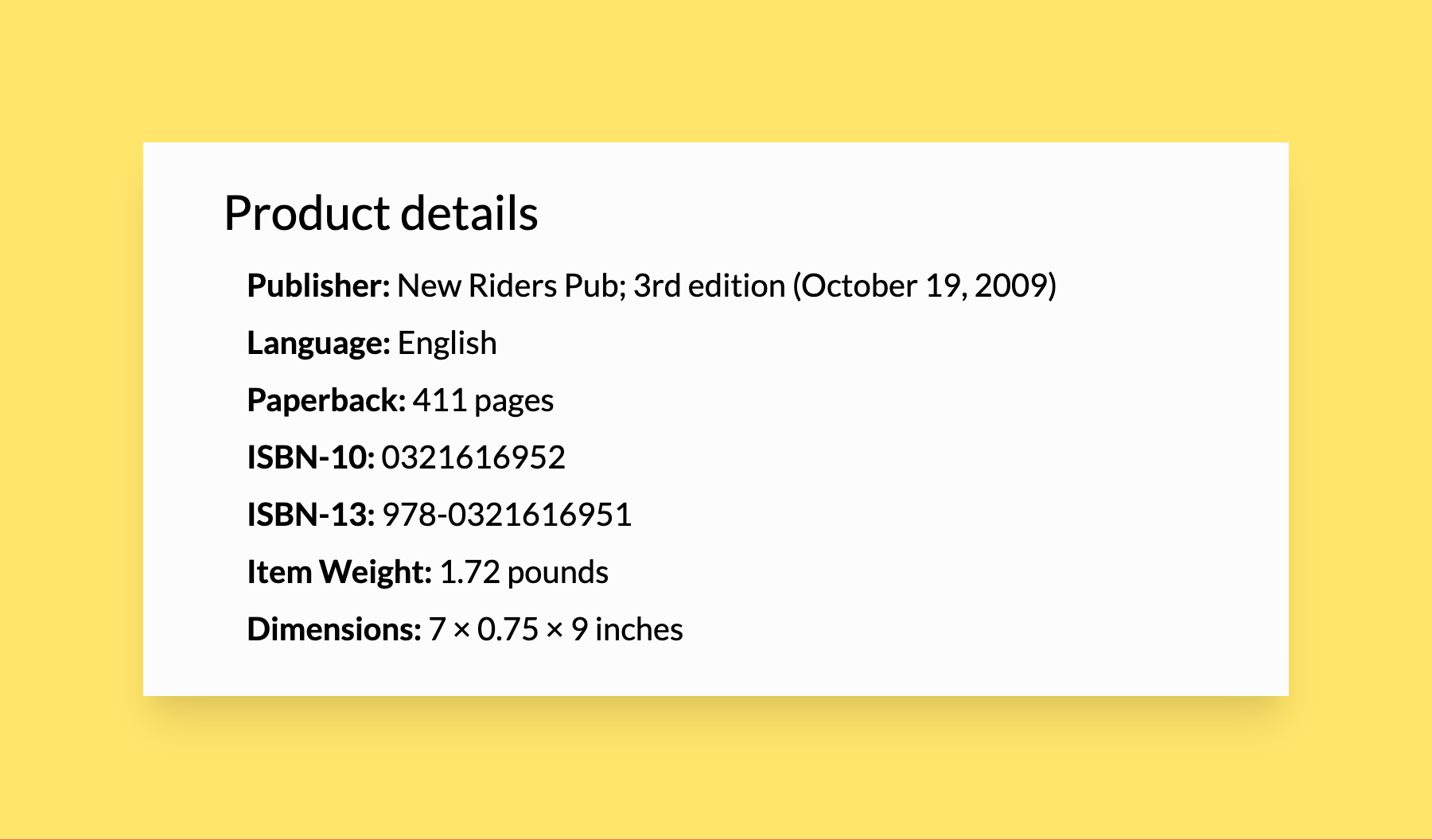Amazon-style product details for a paperback book. The list is titled 'Product Details,' and the details included are the book's publisher, language, paperback page count, ISBN-10 and ISBN-13 numbers, weight, and dimensions.