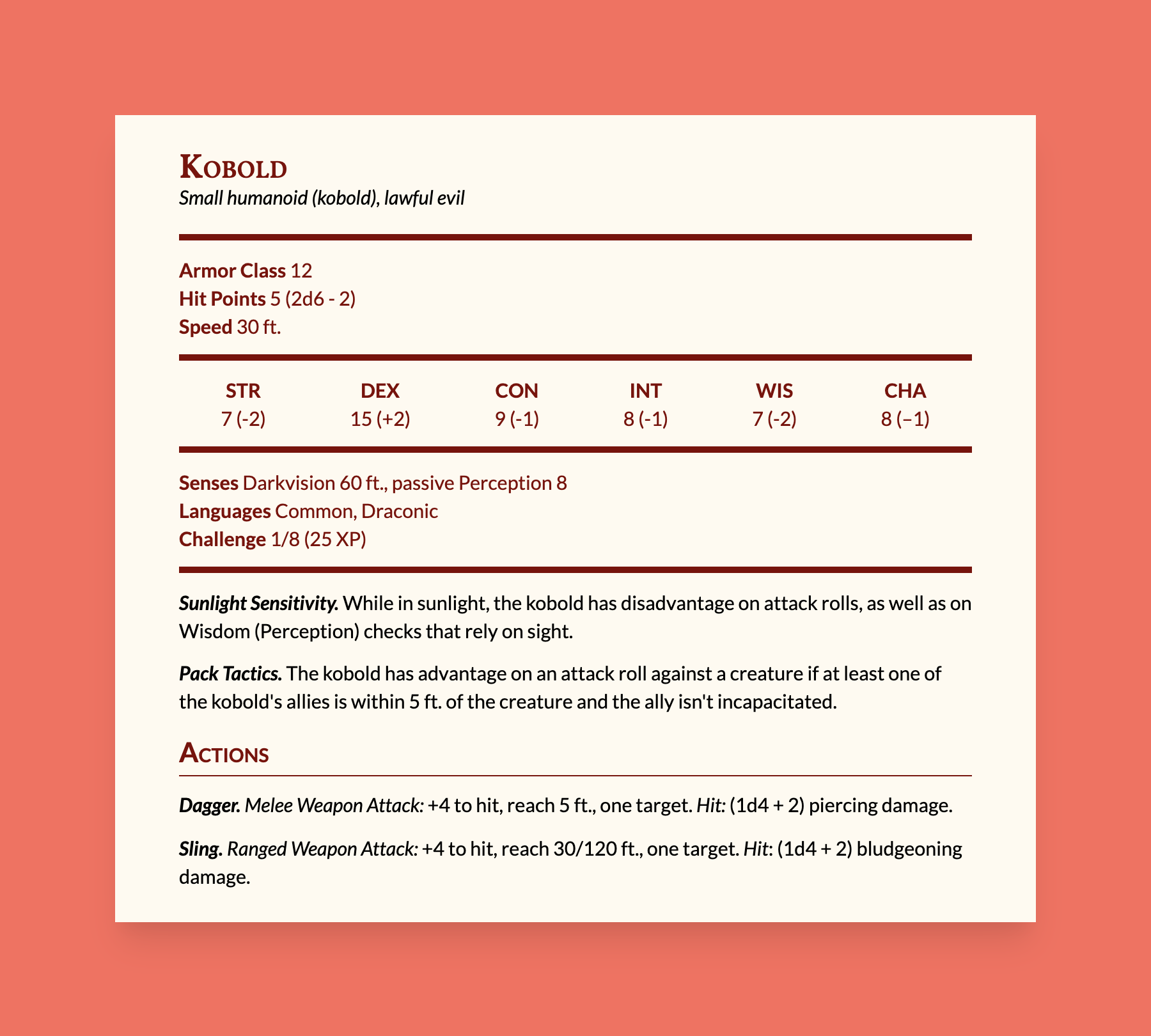 Dungeons & Dragons monster statblock for a kobold, which includes several lists of details. The first list describes the kobold's armor class, hit points, and speed. The second lists out its six ability scores. The third lists out its senses, languages, and challenge rating. The fourth lists out its traits of Sunlight Sensitivity and Pack Tactics. The fifth is titled 'Actions,' and describes the kobold's Dagger and Sling actions and how much damage they cause.