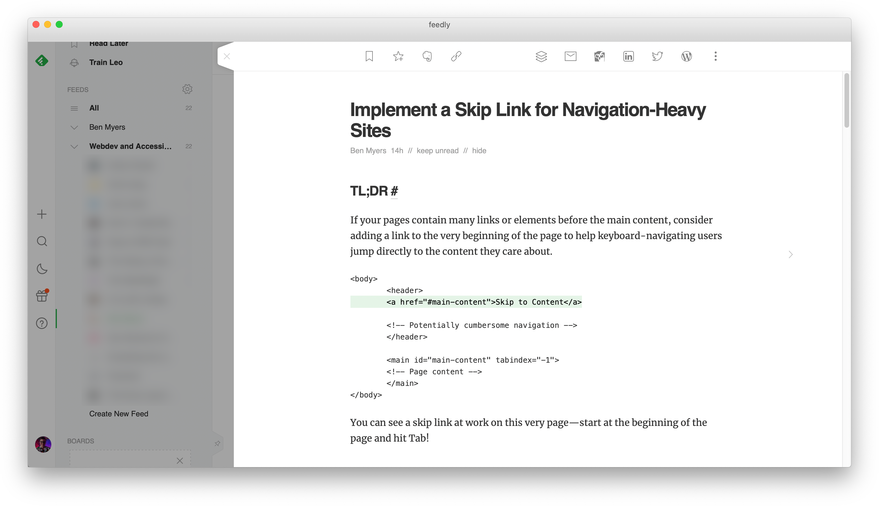 The Feedly RSS reader, previewing the beginning of the "Implement a Skip Link for Navigation-Heavy Sites" blogpost. The TL;DR section has a codeblock with a snippet of HTML code. The line that contains the skip link is highlighted in faint green.