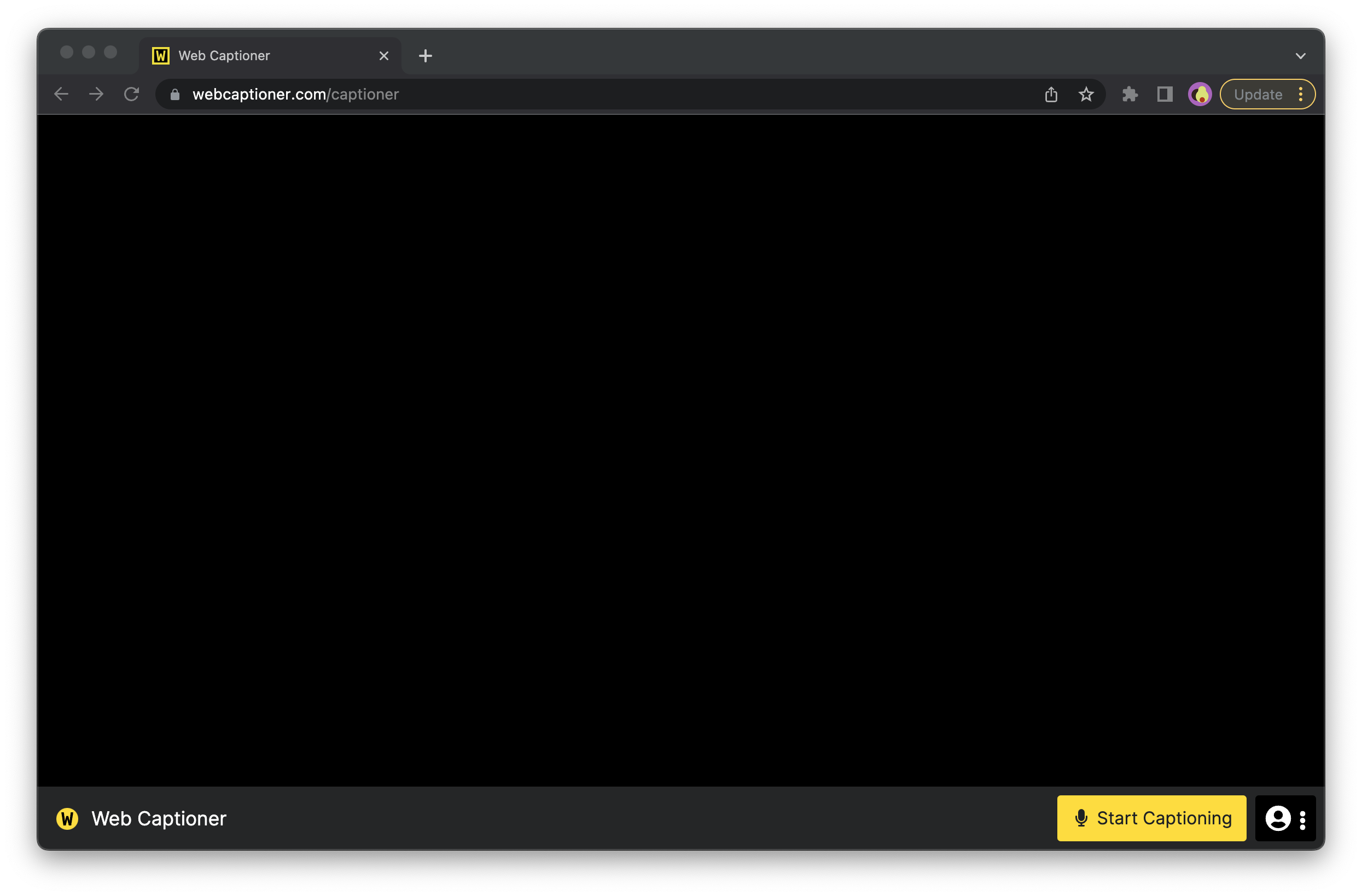 The Web Captioner transcription interface. The page is mostly a blank, black space. At the bottom of the page, a footer contains the Web Captioner logo, a yellow 'Start Captioning' button, and a profile menu toggle kebab