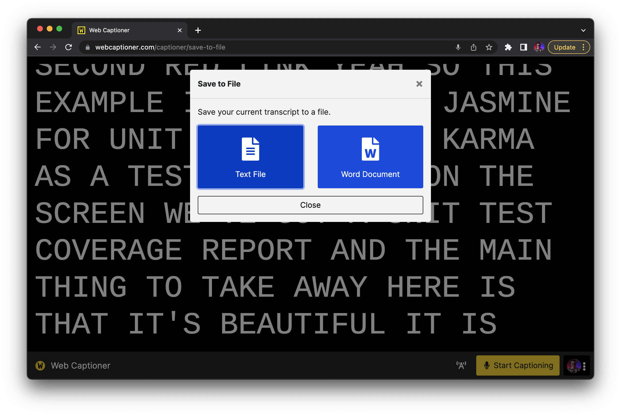 A modal dialog reads 'Save to File,' and offers buttons to export as a text file or a Word document.