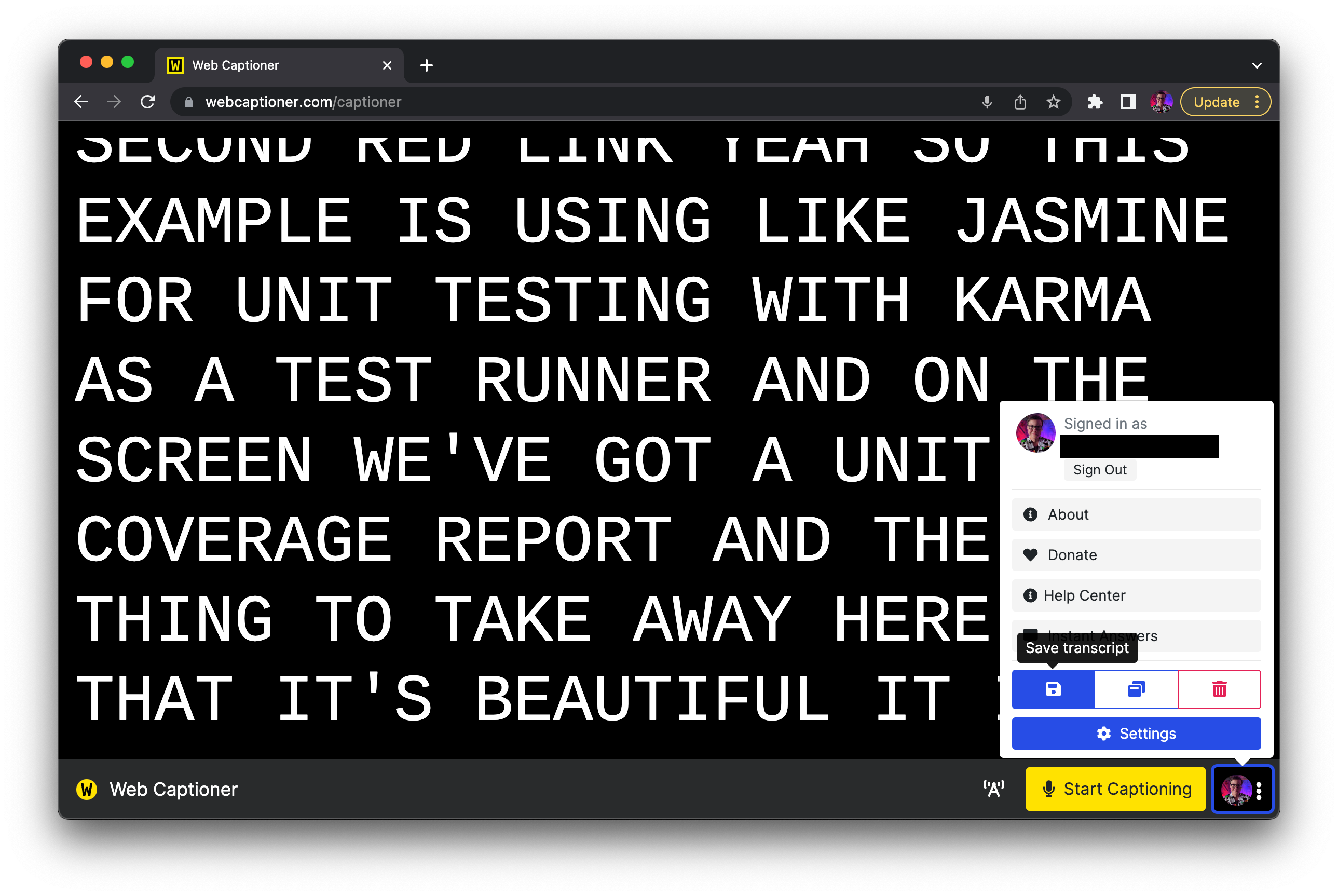 Web Captioner's captioning interface, with the Settings menu open. A button with a floppy disk-like Save icon has a tooltip which reads: Save transcript.