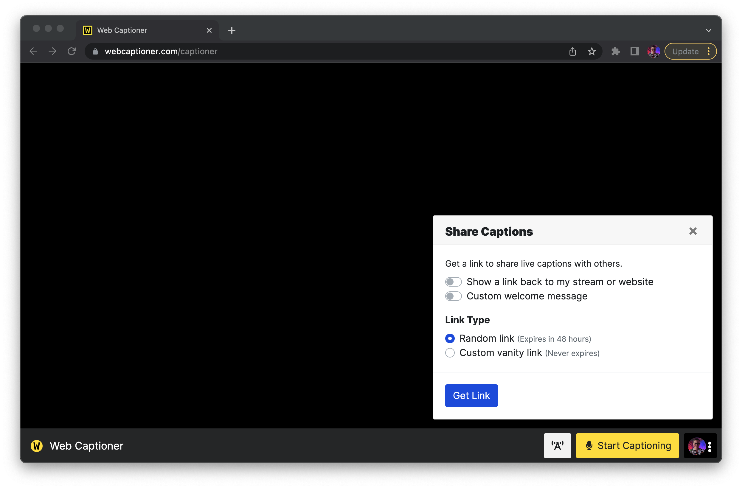 Web Captioner's captioning interface. In the bottom right, a modal dialog titled 'Share Captions' offers settings for share links, including whether the interface will display a link back to the stream or site, or whether it will provide a custom welcome message. Additional settings allow for generating a random link (expires in 48 hours) or a custom vanity link (never expires).