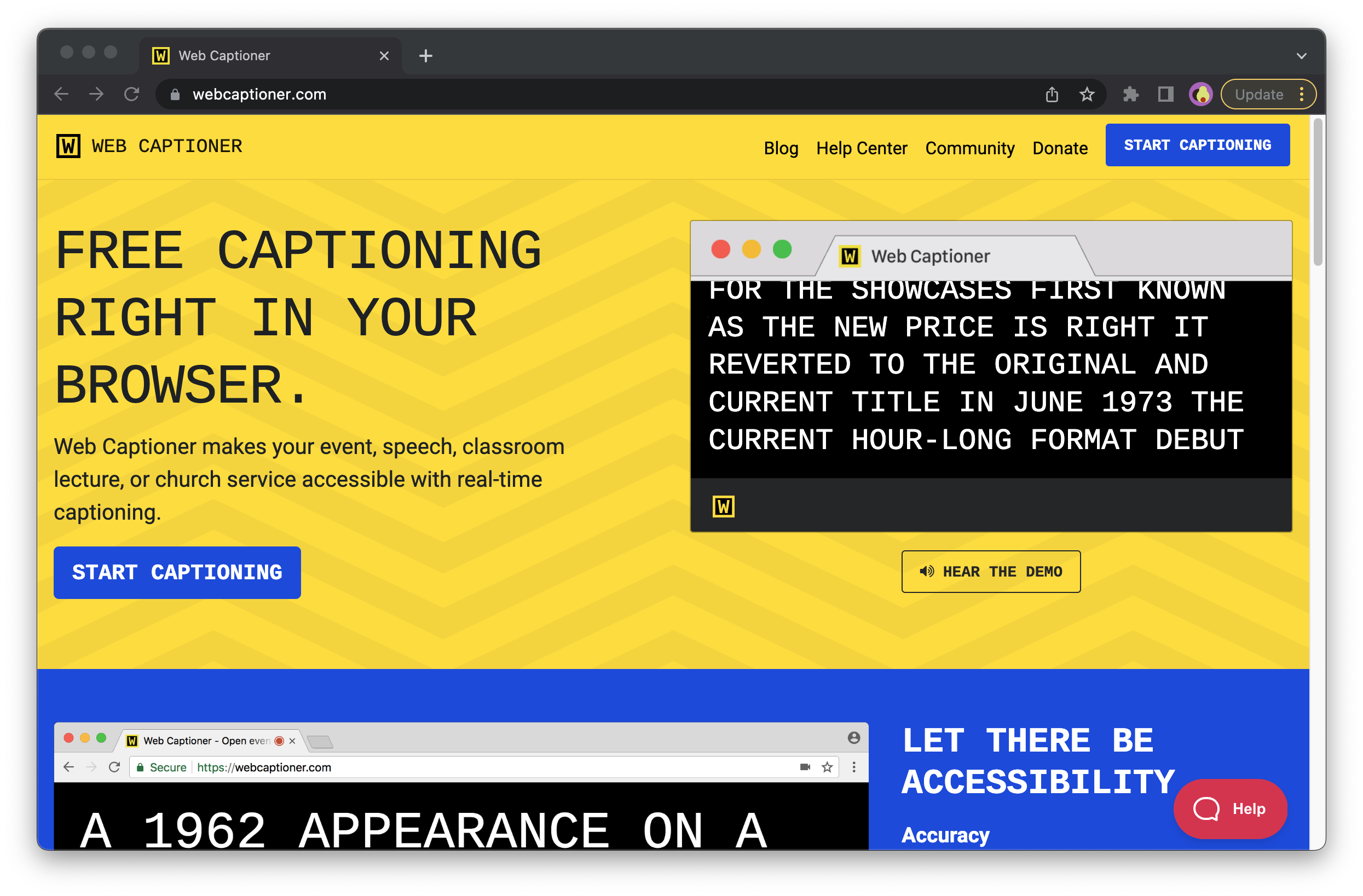 Web Captioner homepage, featuring an astonishingly bright yellow hero section with two blue 'Start Captioning' call-to-action buttons.