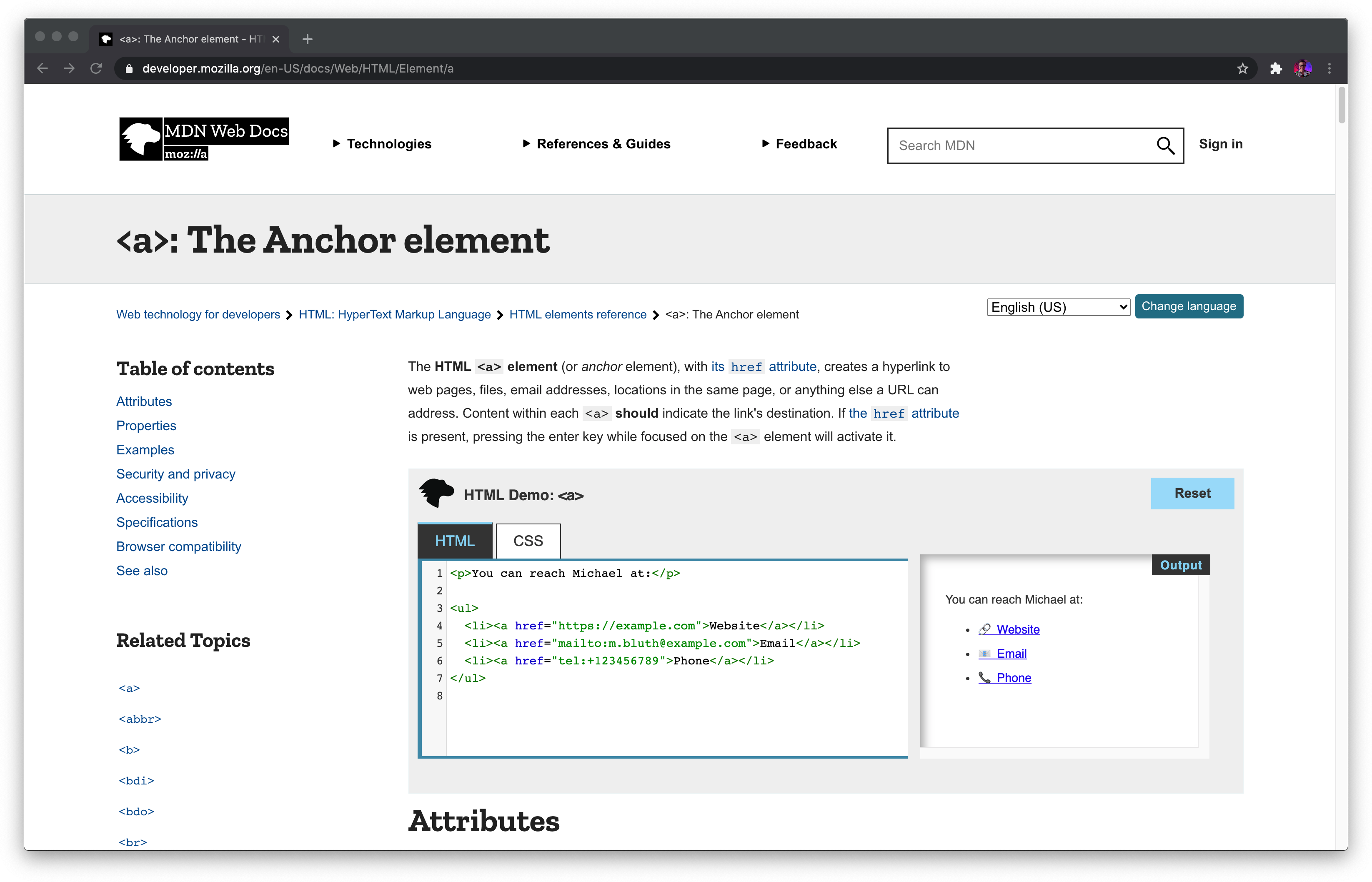MDN documentation for the anchor element. The page header contains the MDN Web Docs logo, three menu dropdown buttons, a searchbar, and a sign-in link. The article is preceded by breadcrumbs, language selection, and a table of contents with eight items.