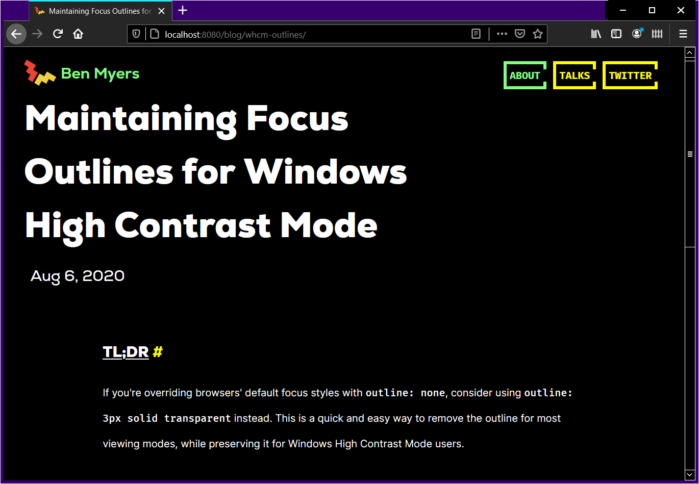 Screenshot of this blog post, viewed in Firefox with a white-on-black high-contrast mode. The site's usual purples have been replaced by black, green, and yellow.